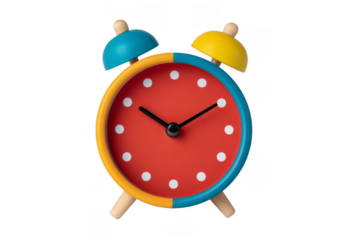 A colorful vintage-style alarm clock with a red face, blue and yellow bells, white hour markers, and wooden legs and knobs.
