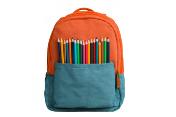 A colorful backpack with an orange top and blue bottom holds an array of neatly arranged colored pencils in its front pocket.