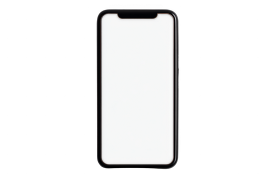 A modern smartphone with a sleek black frame and a large blank white screen, shown from the front.
