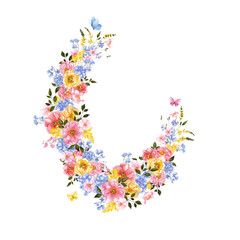 Hand draw wreath with watercolor romantic flowers, butterfly, leaves, meadow floral, colorful botanical illustration isolated on white background.