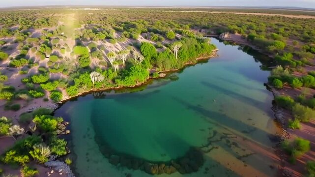 Aerial landscape of the small green oasis at Mzima Springs, Tsavo National Park, Kenya.
