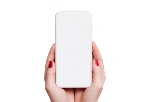 Two hands with red nail polish hold a modern smartphone with a blank white screen facing forward.