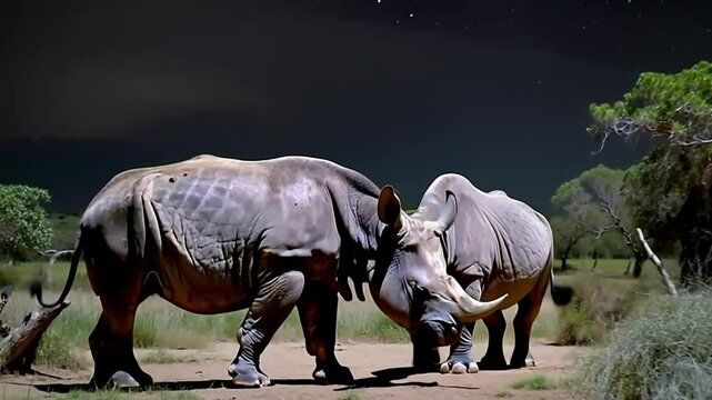 The male Black rhinoceros (Diceros bicornis) try to mating the female at night in Tsavo National Park, Kenya. High sensitivity camera.
