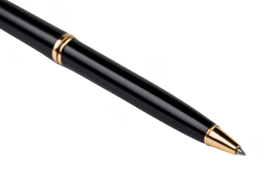 A sleek black ballpoint pen with gold accents is elegantly showcased against a black background.