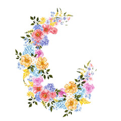 Hand draw wreath with watercolor romantic flowers, butterfly, leaves, meadow floral, colorful botanical illustration isolated on white background.