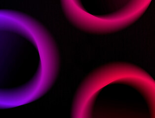 Neon pink magenta and bright blue purple rings on a black background. Smooth gradient. Grainy noisy texture. Futuristic vibrant dynamic background. Empty balls. High tech, digital, modern wallpaper
