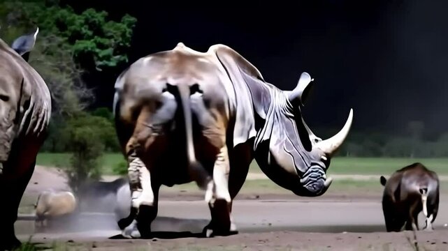 Black rhinoceros (Diceros bicornis) banish other animal from the water hole at night in Tsavo National Park, Kenya. High sensitivity camera.
