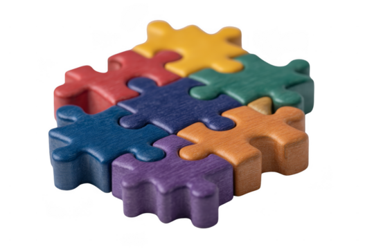 A small cluster of eight interlocking, brightly colored wooden puzzle pieces arranged tightly together.