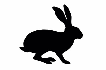 Silhouette of a rabbit with long ears and short tail standing on its hind legs in a white background created with generated ai