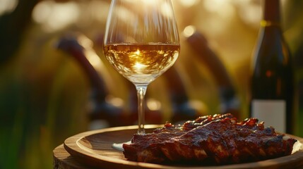 Savory ribs glistening beside a crisp wine glass under the setting sun for a perfect summer barbecue