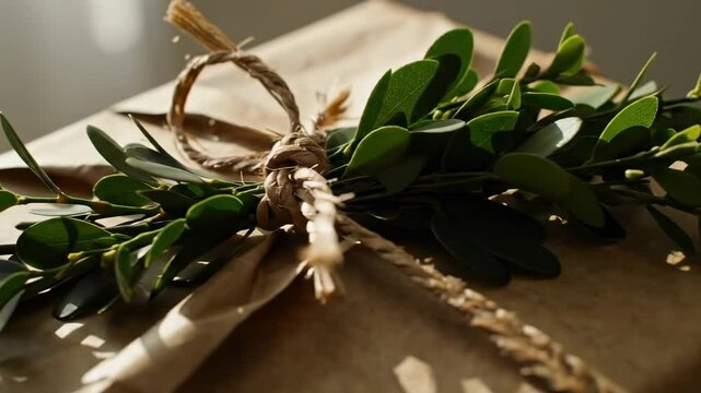 A beautifully wrapped gift adorned with fresh greenery and twine, placed on a soft surface, capturing a serene and inviting atmosphere perfect for celebrations or special occasions