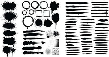 Decoration grunge, graphic pack - graffiti spray, brush strokes, highlighters, rectangle grunge shapes for text with splash. 