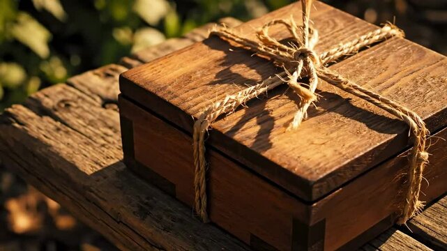 A beautifully crafted wooden gift box tied with twine, resting on a rustic wooden table surrounded by lush greenery, evoking a sense of nature and tranquility, ideal for holiday or special occasion.