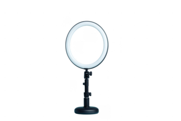A circular LED ring light mounted on an adjustable stand, designed for professional lighting in photography and videography.