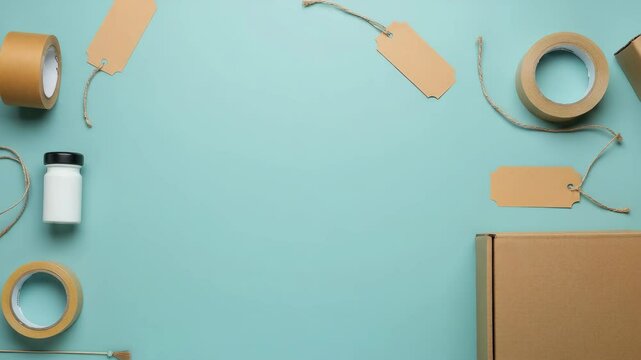 Packaging supplies, tags, tape, and small bottle on blue background