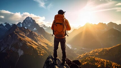 Adventurous hiker celebrating summit success with outstretched arms on a majestic mountain peak at sunrise, scenic landscape background. - Powered by Adobe