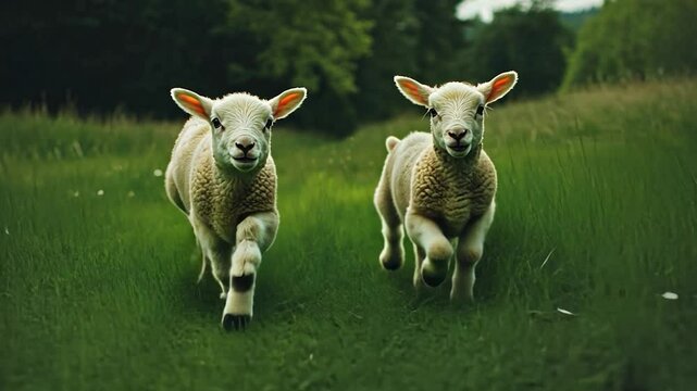 Two playful lambs running in a grassy field, lush green trees in background. Ideal for spring, farm, or animal themes
