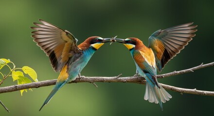 Two Colorful Bee-eaters Sharing Prey on a Branch, Wings Spread Wide