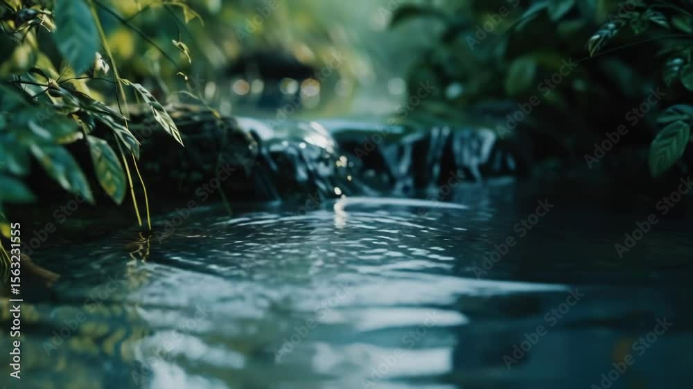 Poster A serene scene with a stream running through a dense and vibrant green forest