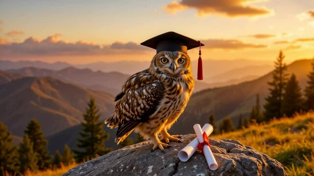 Charming video of an owl wearing a graduation cap with scrolls in a scenic background
