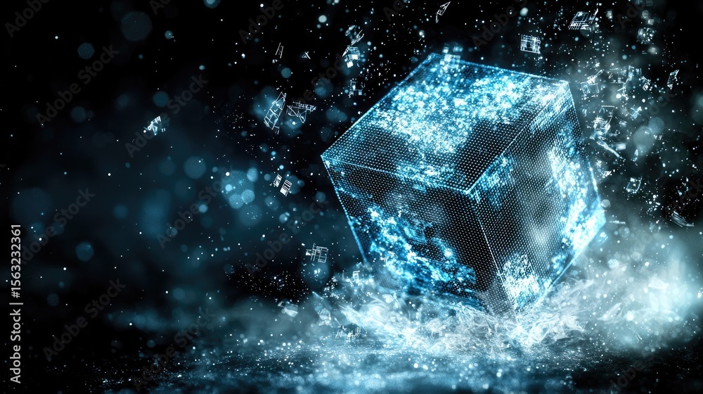 Poster dynamic water cube splash digital studio 3d rendering dark background abstract conceptual visualizat
