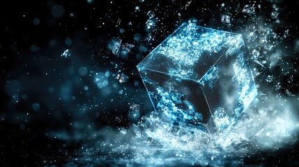 Dynamic water cube splash digital studio 3d rendering dark background abstract conceptual visualization