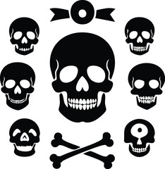Set of skull and crossbones icons representing danger death and pirate symbols in black and white vector style