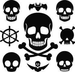A collection of skull and crossbones and individual skulls perfect for Halloween, pirate, or danger themed designs, featuring detailed human skeleton anatomy, vector art, and tattoo-ready illustration