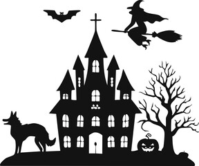 Halloween background with haunted house bats and spooky night scene