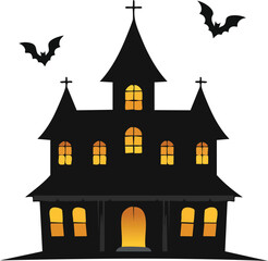 Haunted House Silhouette: An enchanting silhouette of a haunted house, complete with bats, setting the stage for spooky tales, capturing the essence of eerie delight.