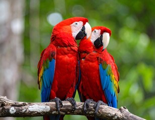 Fototapeta premium Pair of scarlet macaws side-by-side on a branch, heads tilted affectionately, surrounded by lush green forest