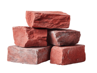 A detailed view of several red bricks piled together, highlighting their rough textures, isolated on a white background