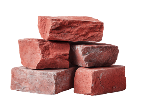 A detailed view of several red bricks piled together, highlighting their rough textures, isolated on a white background