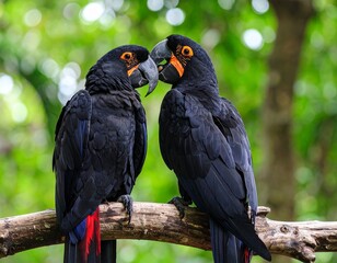 Obraz premium Two black parrots with striking orange markings on their faces facing each other on a tree branch