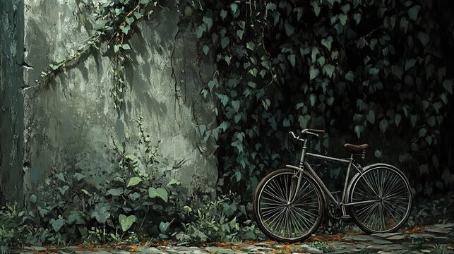 Bicycle parked beside ivy-covered wall. - Powered by Adobe