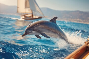 Dolphin jumping near sailboat in blue ocean