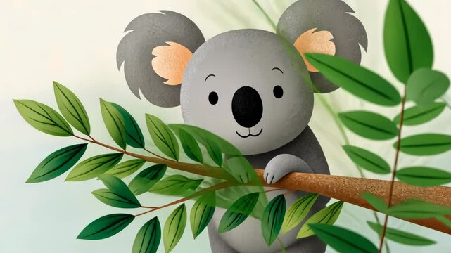 Cute cartoon koala climbing on a branch amid lush green leaves animation