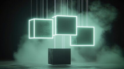 Floating neon cubes digital art space 3d visualization dark environment abstract concept