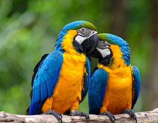 Obraz premium Pair of yellow-and-blue macaws sharing an affectionate moment on a tree branch