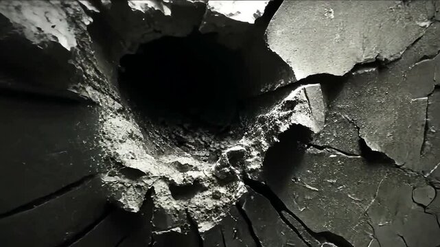 Impact crater in textured material dark depths