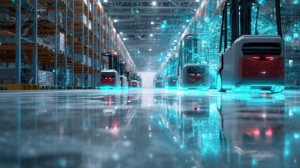Autonomous forklifts in a futuristic smart warehouse with digital overlay