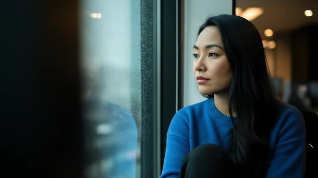 Woman looking out rain-covered window in blue light with reflective mood