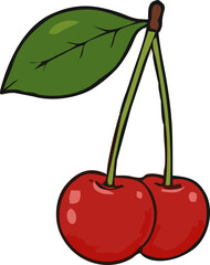Cherry Fruit with Green Leaf Vector Illustration on White Background