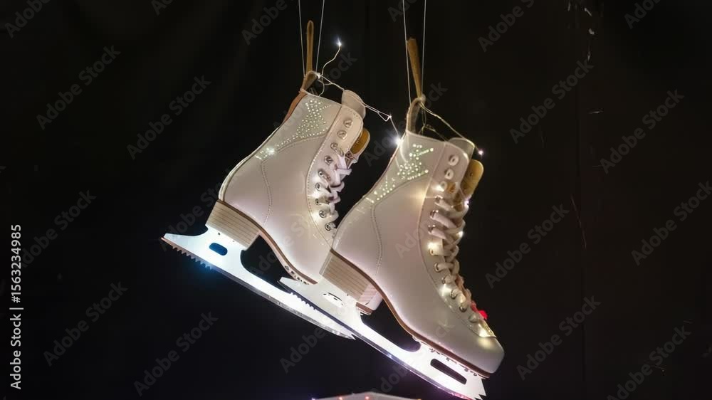 Poster A pair of ice skates suspended from strings, possibly used for decoration or display