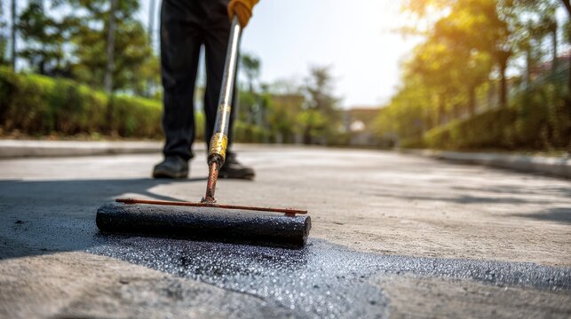 Stunning photo of person sealing driveway with squeegee applicator tool in sunny day. Driveway asphalt sealcoating protects pavement, prevents fractures. Maintenance worker.