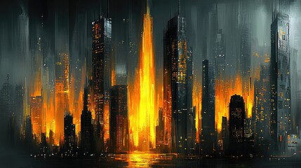City on fire urban landscape nighttime digital art fiery skyline futuristic dramatic
