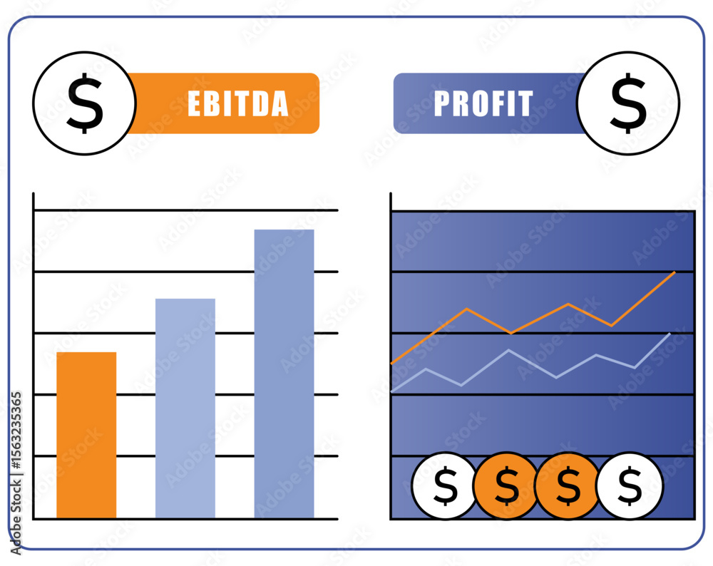 Fototapete dual line graph comparing ebitda and net profit across quarters with flat financial icons for busine