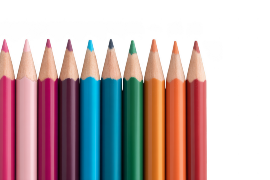 A row of sharpened colored pencils in various hues arranged vertically against a black background.