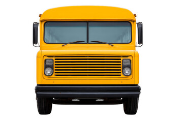 Front view of a bright yellow vintage bus featuring a large windshield, dual headlights, horizontal grille, and black bumper.