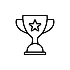 Minimalist black line art shows a trophy with a star on a white background creating a clean, graphic design suitable for award or achievement related marketing materials.